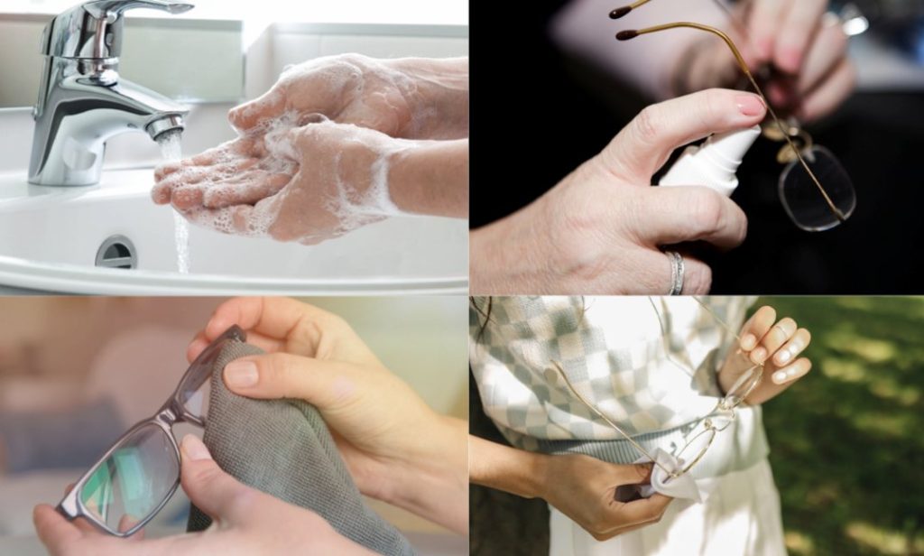 Hướng dẫn vệ sinh mắt kính sau khi đi mưa đúng cách: Rửa tay sạch, xịt dung dịch chuyên dụng, lau bằng khăn microfiber.